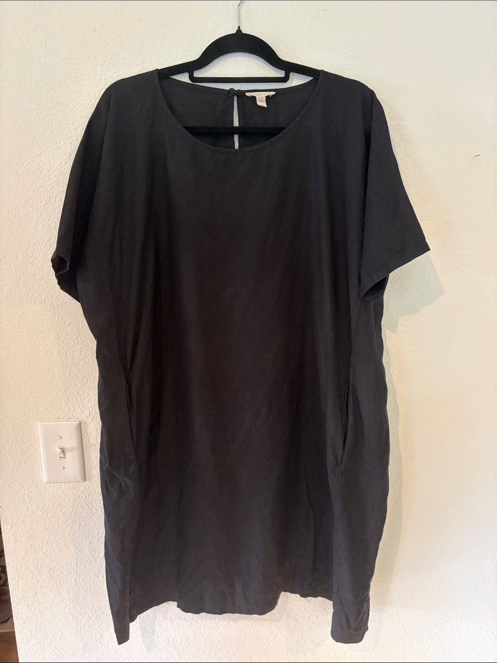 100% Organic Linen Eileen Fisher Women's Black Short Sleeve Dress With Pockets
